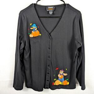 Studio Treat Women’s L Black Fall Cardigan Pumpkin Scarecrow Embroidered Sweater